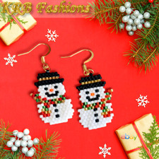 Handmade Seed Bead Jolly Smiling Snowman Earrings
