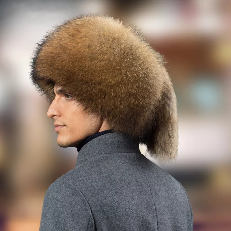 Men's Real Fox Fur Hat Winter Russian Ushanka Cossack Mongolia Hat Warm Ski  Cap