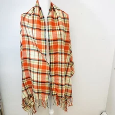 J Crew Scarf Wrap Shaw Plaid Fringe Boho Preppy 26' X 70" Lightweight Raw Hem