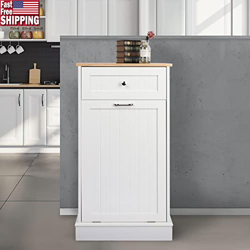 Tilt Out Trash Cabinet Wooden Laundry Sorter Recycling Bin Hideaway Drawer New