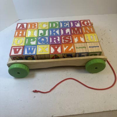 Vintage Playskool Wood ABC & Number Blocks in Wagon with Pull String Ages 2-5