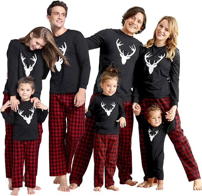 IFFEI Women's Christmas Deer Long Sleeve PJ Set in Black and Red Plaid