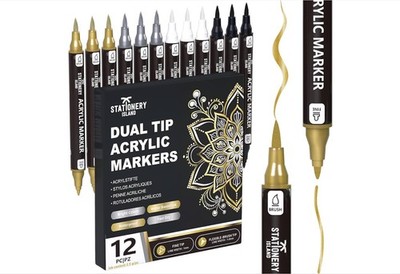 Acrylmalstifte 12 Stück - Metallic Gold Silber Weiß Schwarz, Dual Tip Marker