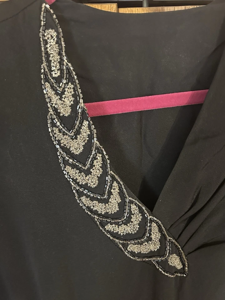 1940's Black Crepe Cocktail/Evening Dress Silhouette Design W Beaded Neckline S - Image 2 of 4
