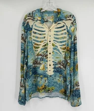 Kapital Mens Blue Ribcage Bone Long Sleeve Hawaiian Camp Shirt Sz 3