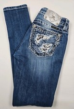 Miss Me Jeans Womens Signature Skinny 26 Rhinestones Heavy Stitching Distressed