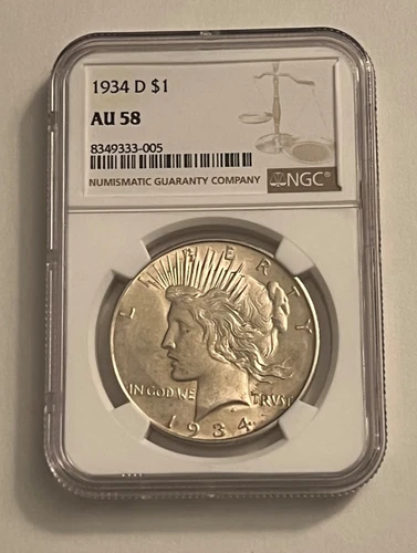 1934 D Silver Peace Dollar $1 - NGC AU 58