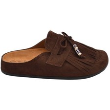 Pantofolina mule donna marrone in camoscio con frange e fiocco sottopiede anatom