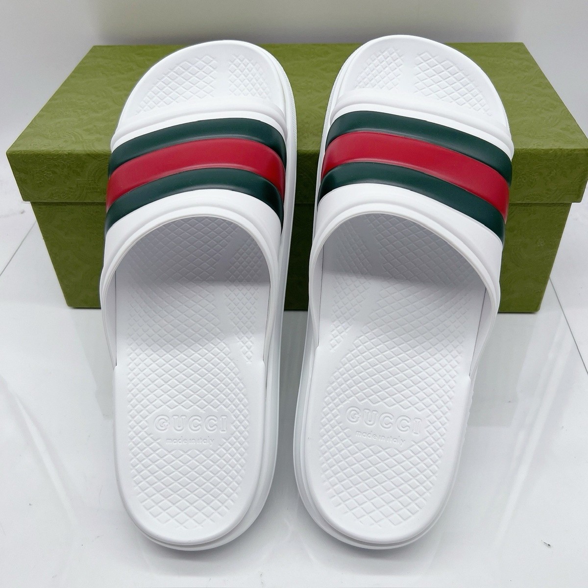 Gucci Men\'s Web ACE RUBBER Slide Sandals Pool White UK 13 US 13.5 NEW AUTHENTIC Gucci White Slide Sandals for Men for sale - eBay main image 2