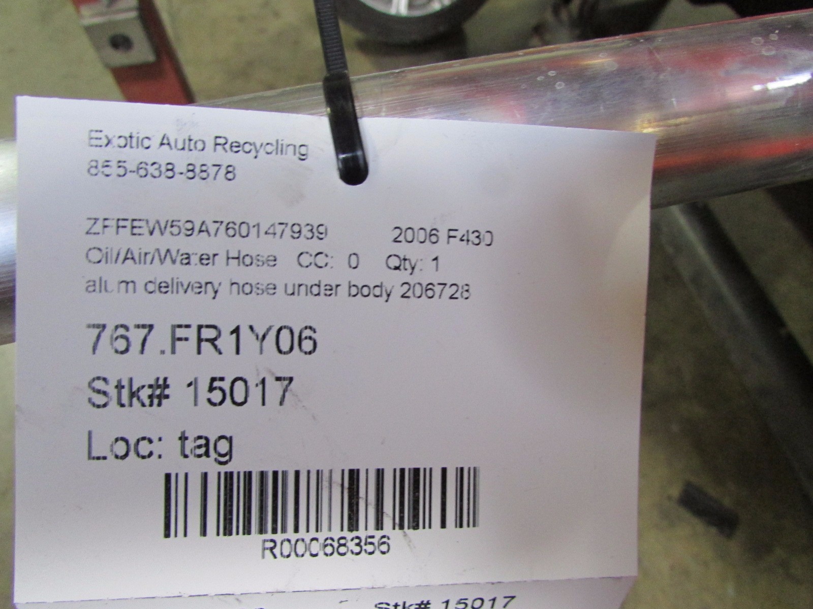 Ferrari F430, Spider, Aluminum Under Body Delivery Line, Used, P/N 206728
