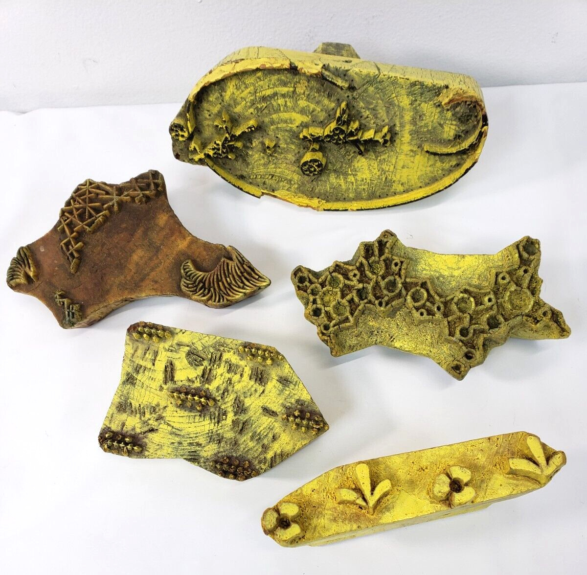 5 Hand Carved Wooden Printing Blocks Engraved stamps Textile Fabric Vintage