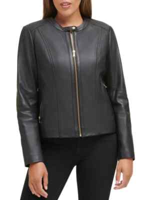 $500 Cole Haan Collarless Genuine Leather Front Zip Moto Jacket