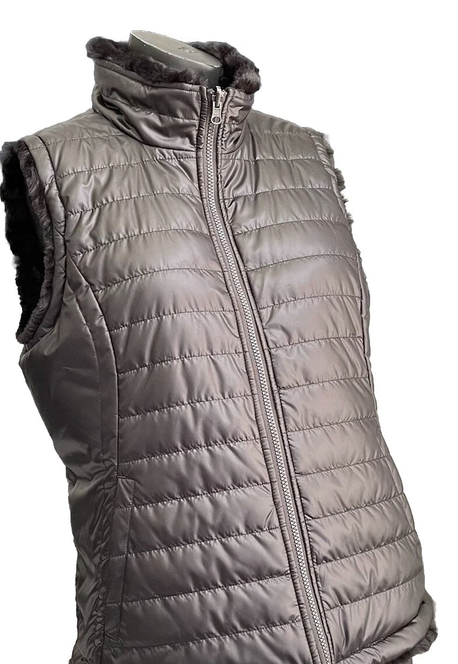 Chaleco Nicole Miller Mujer L Negro Años 90 Y2K Puffer/Piel Sintética Reversible Cremallera Completa Foto 2 de 4