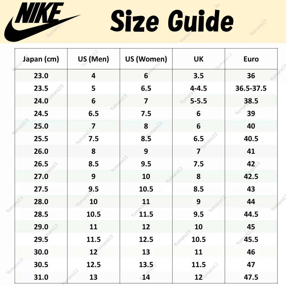 Nike air rift store size chart