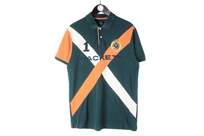authentic HACKETT Polo T-Shirt Size L green big logo casual style