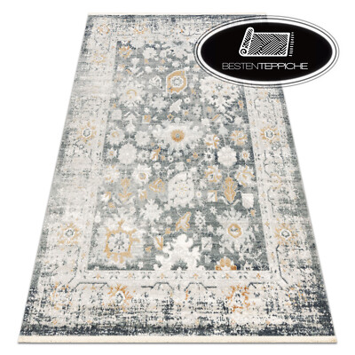 Modern Elegant Teppich DISTIN mit Fransen Ornament Blumen grau hellgrau weiß