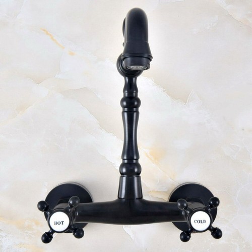 Grifo fregadero lavabo montado en pared con mango cruzado doble de bronce frotado con aceite - Imagen 3 de 7