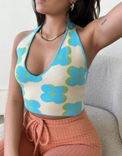 Brooklyn Karma Halter Floralt Crop Top Blue Ivory Size L