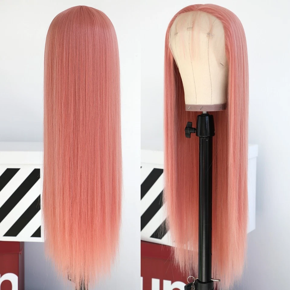 Pelucas delanteras de encaje rosa cabello largo liso resistente al calor sin pegamento pre arrancado suave Foto 4 de 4