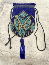 Antique Glass Beaded Drawstring Purse Multi Color Belgium Bottom Tassel GORGEOUS
