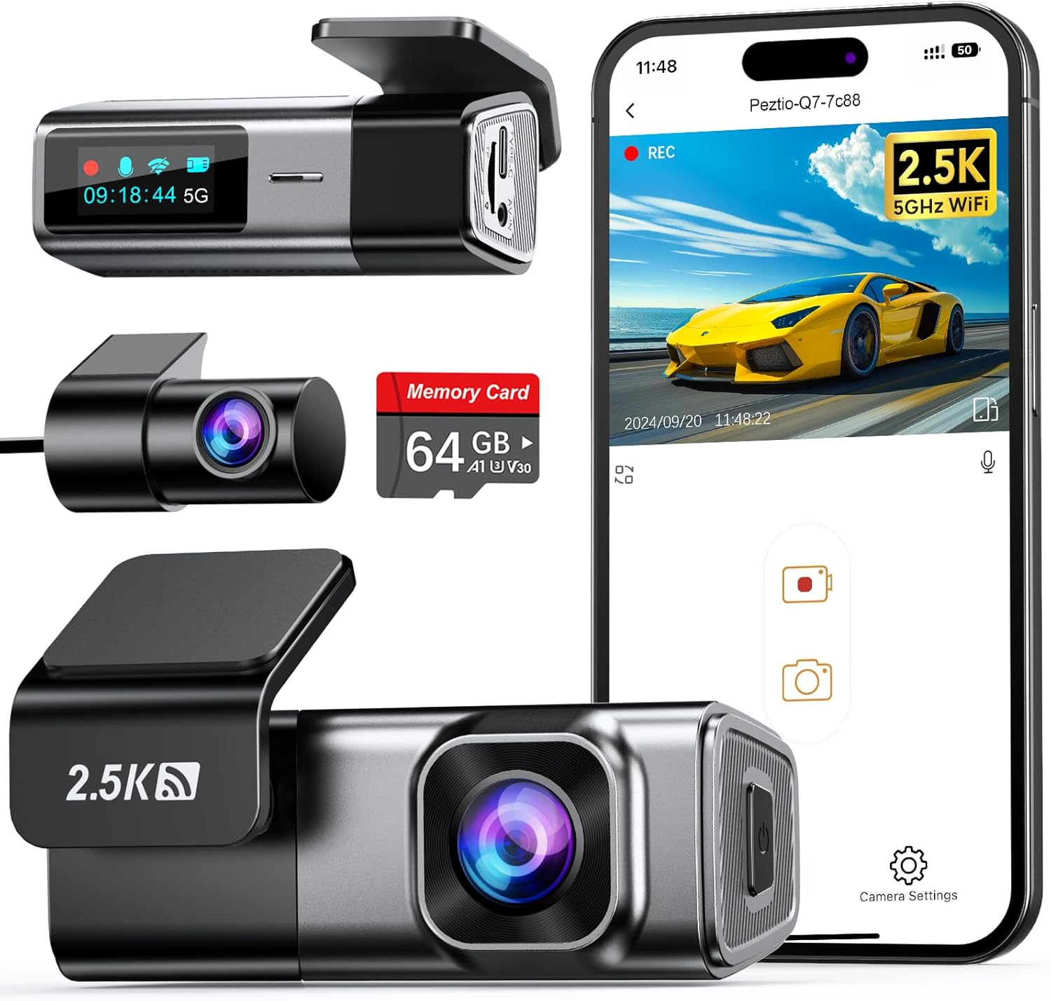 5G WiFi Dual Dash Cam with 64GB Card 2.5K 1440P Front and Rear