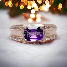 Amethyst Cushion Cut With 925 Sterling Silver  Gold Plated Ring For Men's #62