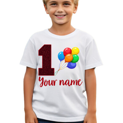 Personalisierbar Name und Alter erster Geburtstag 1 Kinder T-Shirt Glitzer Luftballons #TA-195