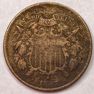1867 Two Cent Piece Very Fine VF Coin, Scratch #18805