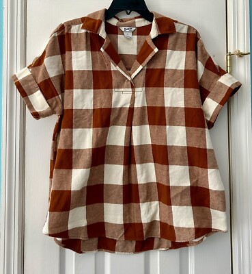 Duluth Trading Co Women s Free Swinging  Popover SS Shirt Rust Cream Check Small