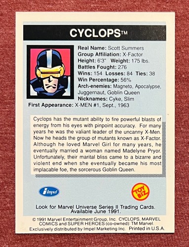 1990 Marvel Universe Rare Toy Biz CYCLOPS PROMO Card #8 Yellow Logo X-Men EX/NM+ - Picture 2 of 4