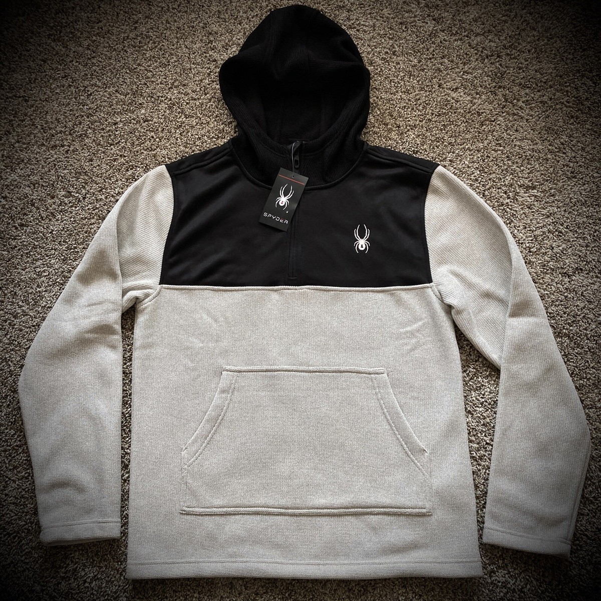 $129 SPYDER HOODIE quarter zip sweatshirt BLACK & OFF-WHITE Fleece