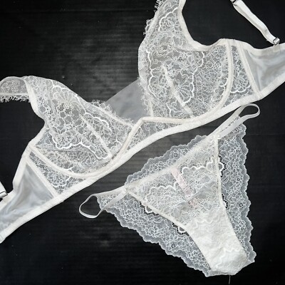 Victoria's Secret unlined 36DDD BRA SET XL string panty WHITE lace DREAM ANGEL
