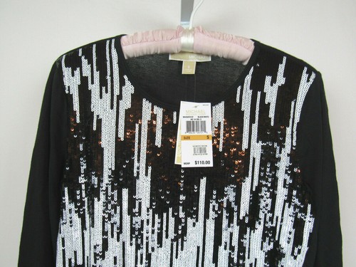 NEW WITH TAGS MICHAEL KORS SMALL SEQUIN TOP 60% COTTON 40% MODAL BLACK WHITE - Picture 6 of 12