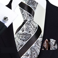 Classic Paisley Black Silver Jacquard Silk Men's Tie Necktie Hanky Cufflink Set