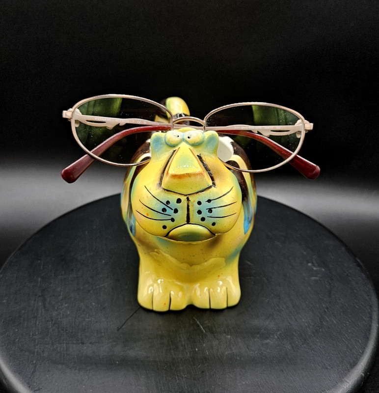 Whimsical Yellow & Brown Ceramic Planter or Pen & Eyeglasses Holder Grumpy Cat