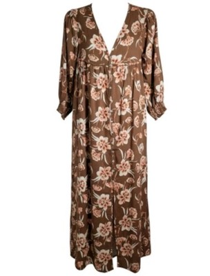 Anthropologie Storia Brown Floral Maxi Dress S Long Sleeve V-Neck  Cottagecore | eBay