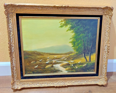 HENRY RAMIREZ VTG OIL Painting on Canvas 1973 Pastoral Scene Sheep Framed 17x13