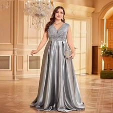 Plus Size Luxury Satin Sleeveless Evening Dresses Elegant Sequin A-line Formal