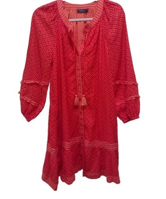 Vineyard Vines Sz. M Women's Tile Dress Chelsea Geo In Red Boho With Tassel Ties