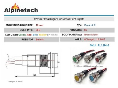 Alpinetech 2PCS PL12M  12mm 6V DC LED Metal Indicator Pilot Light