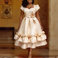 Women Princess Dress Sweetheart Short Sleeves Ruffle Layered Date Occasion Gowns
