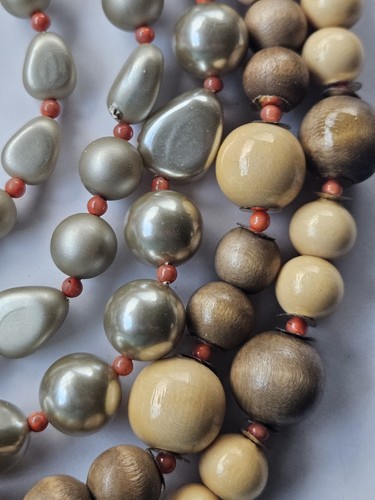 Vtg Bronze Silver Wood Necklace Bead Cluster Clip On Earrings Set 1960's Japan - Picture 2 of 15