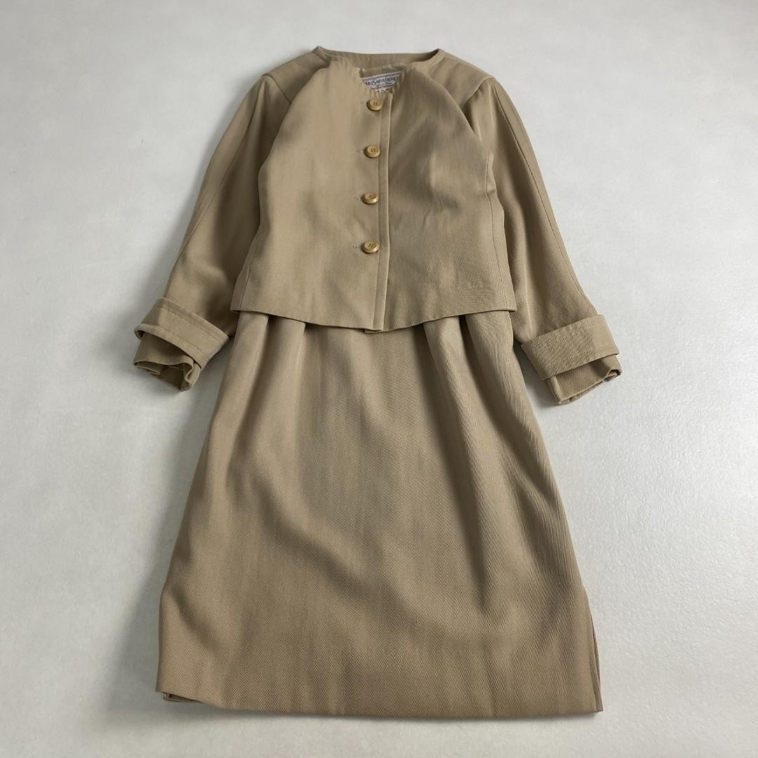 w3037 Set completo Yves Saint Laurent senza colletto vintage beige lana taglia 9