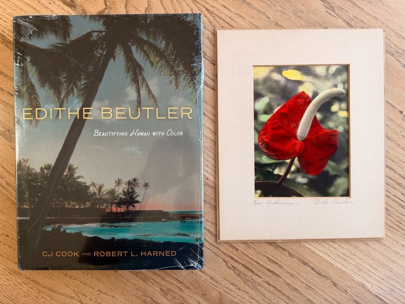 Edithe Beutler Signed Anthurium Oil Colored Photo Hawaii c1940 + her book signed