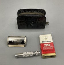 Vintage 1969 Gillette Mini Travel Razor w/Zippered Genuine Leather Case Unused