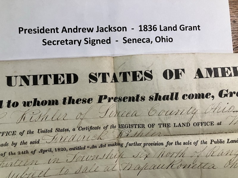 1836 - LAND GRANT in Seneca, OH - Issued by President ANDREW JACKSON / Secretary