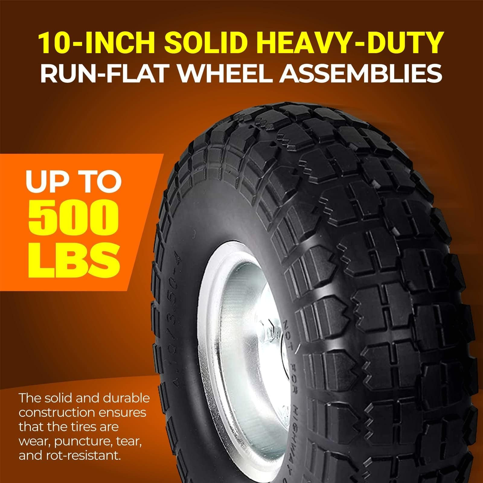 (2-Pack) 10-Inch Solid Rubber Tire Wheels Replacement 4.10/3.50-4"Fl