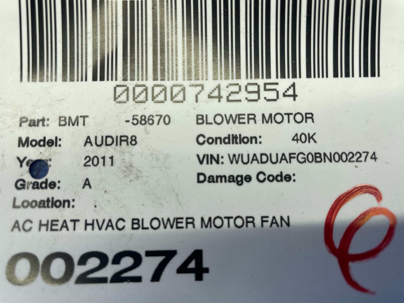 2008-2015 AUDI R8 TYPE 42 AC HEAT HVAC BLOWER MOTOR FAN HOUSING BOX 4F0820155F