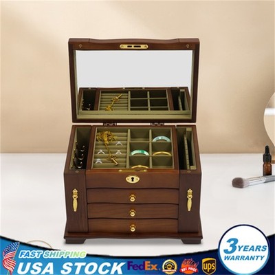 Vintage Large Wooden Jewelry Organizer Box Necklace Rings Bracelet Storage Case