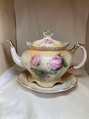 Vintage Ivory Blush Teekanne, Rosen Blumendekor, mit Keramik Untersetzer Ständer